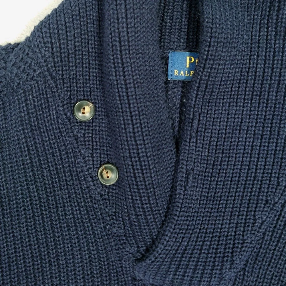 Polo Ralph Lauren Shawl Collar Fisherman Sweater Mens S Navy Blue Knit Cotton RL